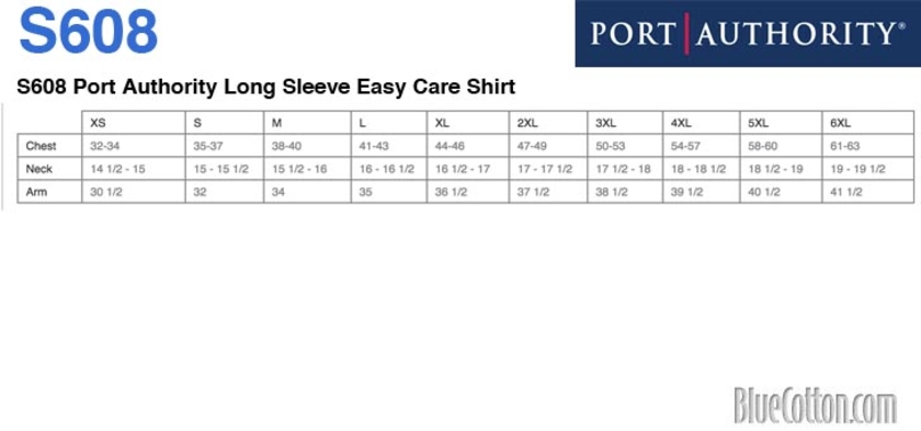 Size chart for a S608 Port Authority Long Sleeve Easy Care Shirt